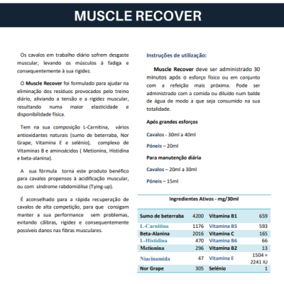 Folheto informativo do suplemento Muscle Recover da Equi Karma com texto e tabela de ingredientes.