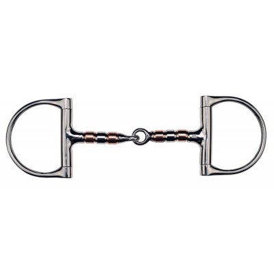 Freio metálico para cavalo com argolas em D e detalhes em cobre