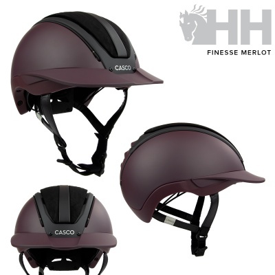 Capacete de equitação bordô CASCO com correias pretas em três vistas