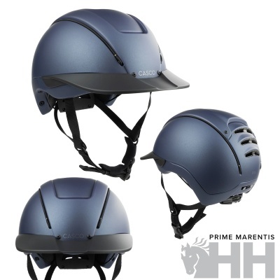 Capacete de equitação azul metálico CASCO com correias pretas e logótipo PRIME MARENTIS HH