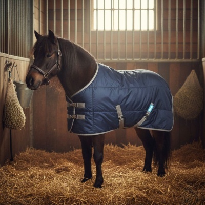 Cavalo com manta azul num estábulo com palha