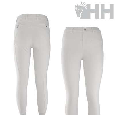 Calças de equitação brancas vistas de frente e costas com logótipo HH cinza