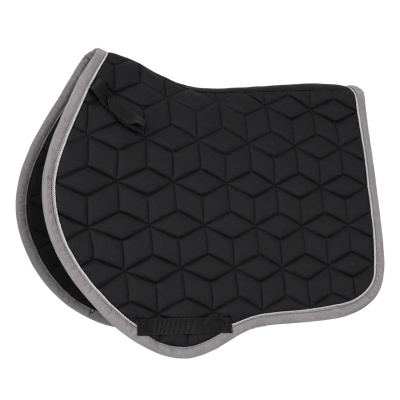 Tapete para sela de cavalo preto com padrão geométrico e acabamento cinzento
