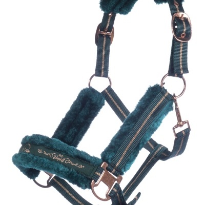 Cabresto em nylon com pelúcia verde-escuro e ferragens cor cobre para cavalo