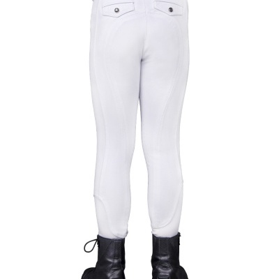 Calças de equitação brancas vistas de trás com botas pretas
