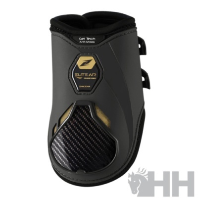 Protetor de casco para cavalo preto com detalhes dourados e logotipo ELITE AIR