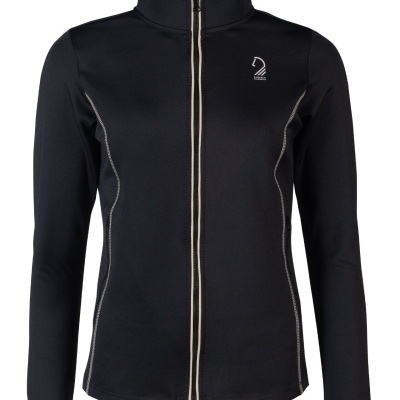 Casaco preto com fecho zip bege e logotipo branco no peito esquerdo