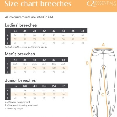 Tabela de tamanhos de breeches da Q Essentials com medidas para Ladies, Men e Juniors em centímetros