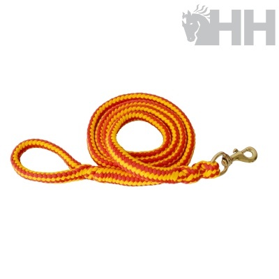 Trela trançada vermelho e amarelo com gancho metálico dourado