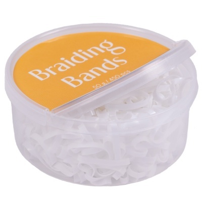 Recipiente plástico transparente com bandas brancas e etiqueta amarela Braiding Bands