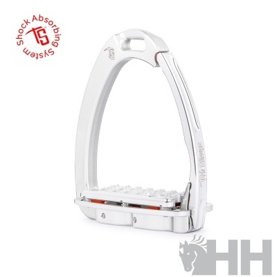 Estribo para equitação em metal branco com plataforma antiderrapante e texto Shock Absorbing System