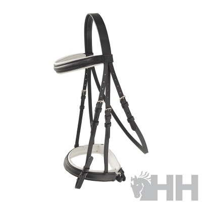 Cabresto ou arreio para cavalo em couro preto com acolchoamento branco