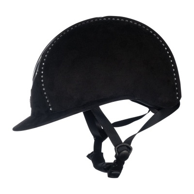 Capacete de equitação preto com tachas prateadas e correias ajustáveis