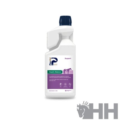 Frasco branco com tampa azul e rótulo branco e roxo de suplemento veterinário