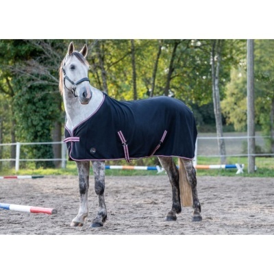 Cavalo cinza com manta preta e tiras cor-de-rosa numa pista de equitação ao ar livre