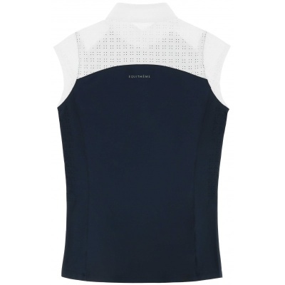 Colete sem mangas azul escuro e branco com padrão perfurado e logo EQUITHEME