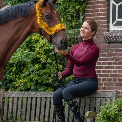 Mulher com roupa de equitação segura um cavalo com auréola dourada num banco de madeira com muro de tijolos e plantas ao fundo.