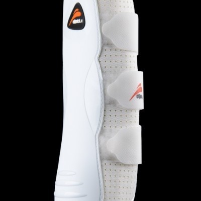 Proteção para perna branca com tiras de fixação e logotipo Optimum