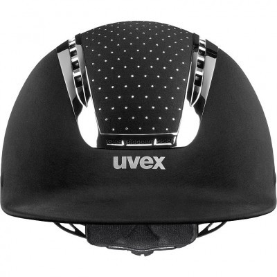 Capacete de ciclismo preto com detalhes prateados e logo uvex