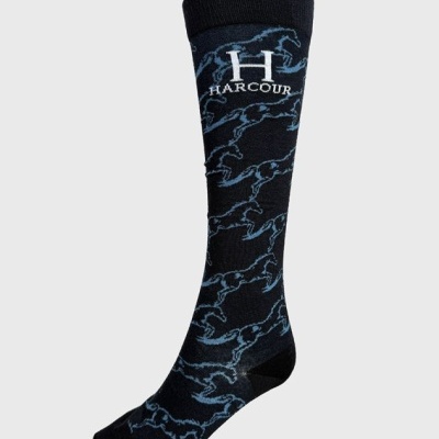 Meia preta com padrão azul e texto HARCOUR em branco