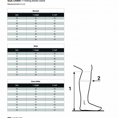 Tabela de tamanhos para botas de equitação adulto Horka com medidas em cm para altura e circunferência da panturrilha