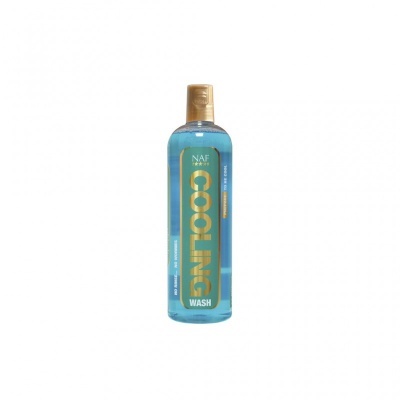 Frasco azul com tampa dourada e rótulo azul e dourado com texto COOLING WASH