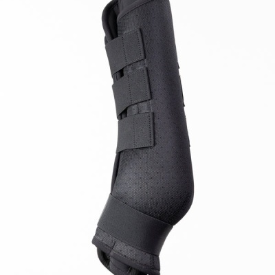 Proteção ortopédica preta para perna com tiras de velcro ajustáveis