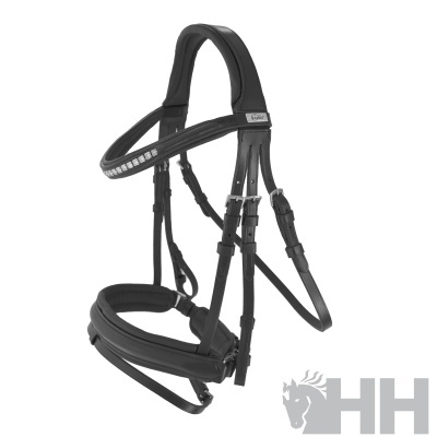 Cabresto de couro preto com tachas e fivelas metálicas em fundo branco