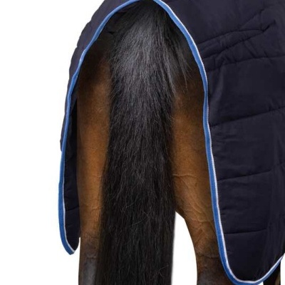 Cobertor azul escuro com bordas azuis e brancas num cavalo