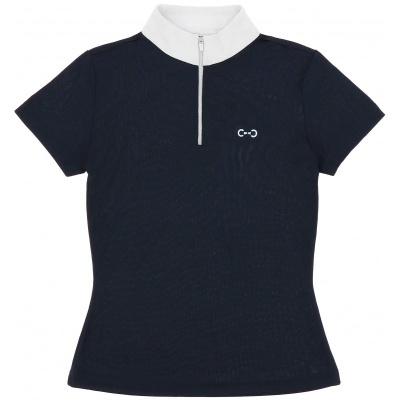 T-shirt feminina azul escuro com gola branca e fecho de correr