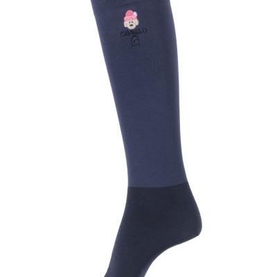 Meia alta azul escura com bordado de cão e texto Cavalho