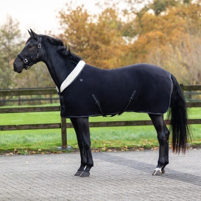 Cavalo preto com manta preta e borda branca em ambiente ao ar livre