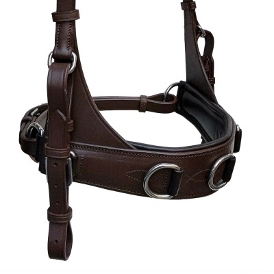 Cabresto de couro castanho com fivelas metálicas sobre fundo branco