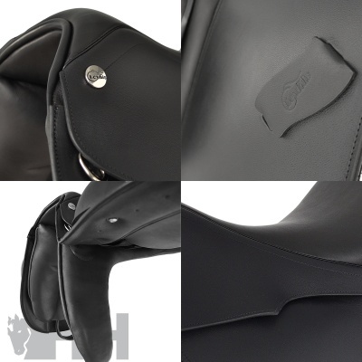 Sela de equitação preta em couro com logotipos Loxley em metal e relevo