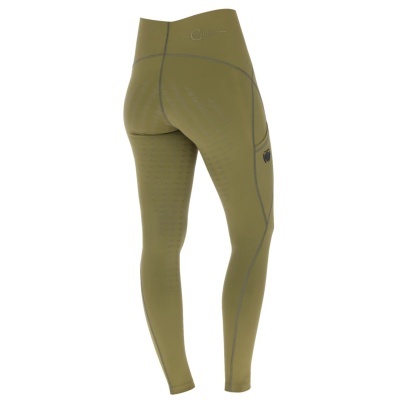Leggings verdes oliva com costuras, vista traseira, fundo branco