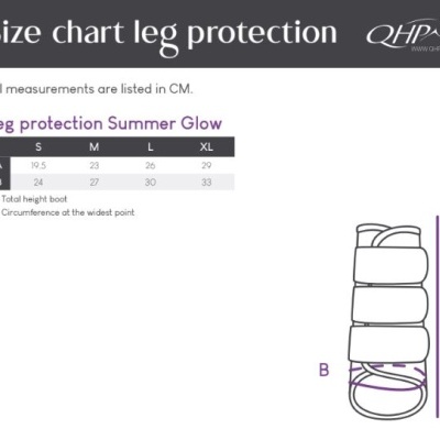 Tabela de tamanhos para proteção de pernas Summer Glow com medidas e ilustração do produto