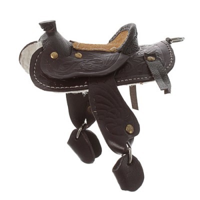 Selim de equitação em couro castanho escuro com fivelas e acolchoamento