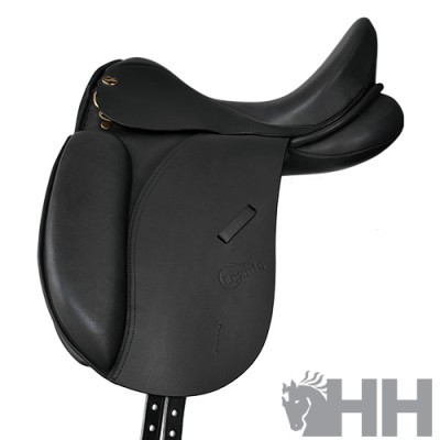 Sela de cavalo salto pele preta com detalhes metálicos e logótipo HH
