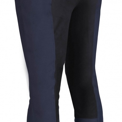 Calças de equitação azul escuro com reforço preto e bolso traseiro com botão