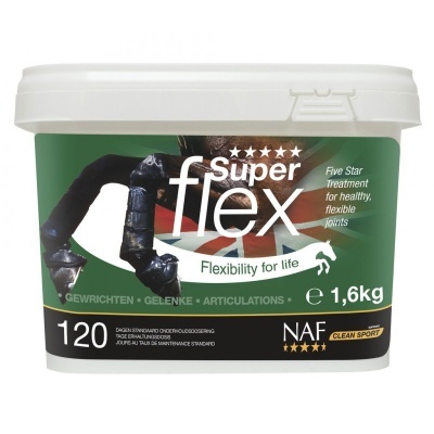 Recipiente branco de produto Super flex para articulações de cavalos, 1,6 kg, com etiqueta verde e imagem de cavalo preto