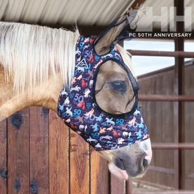 Máscara para cavalo em tecido colorido com proteção para orelhas em malha preta num estábulo