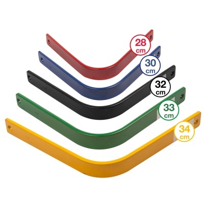 Cinco peças metálicas em forma de L coloridas com etiquetas de medidas