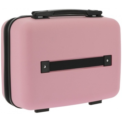 Mala de viagem rígida rosa claro com pega preta e faixa preta horizontal