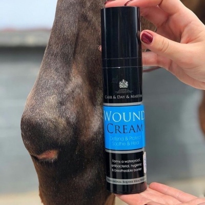Frasco preto de creme para feridas para cavalos com rótulo azul e branco ao lado do pescoço de um cavalo