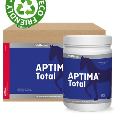 Suplemento Aptima Total para cavalos em embalagem de caixa e pote plástico