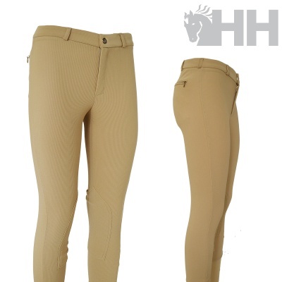 Calças de montar bege com botão e fecho, bolsos, fundo branco e logotipo HH