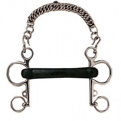 Freio de cavalo metálico prateado com barra preta e corrente