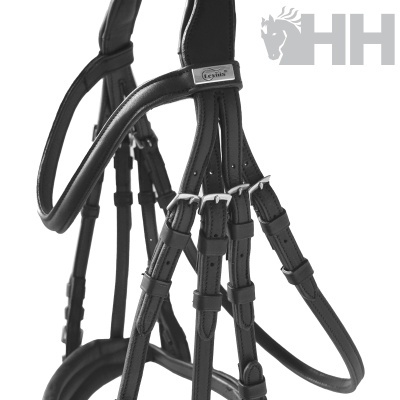 Cabresto ou cabedal sintético preto para equitação com fivelas metálicas e emblema Eskadron