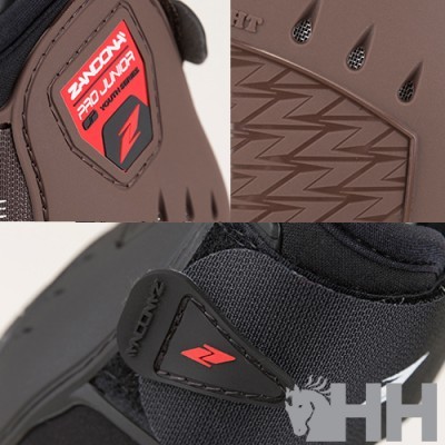 Detalhes de botas castanhas e pretas com etiquetas vermelhas ZANDONA