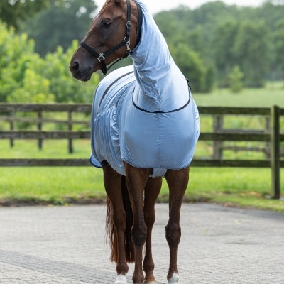 Cavalo castanho a usar manta azul clara com capuz e bolso lateral